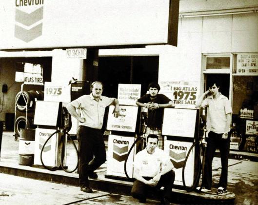 Ercil “Bennie” Vanlandingham, front, poses with mechanics, from left, David Utz, Steve Kavanaugh and son Ronnie Vanlandingham at Ben’s Chevron in 1975.
