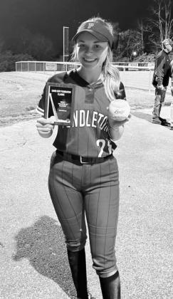Ladycat freshman Aubrey Mullins hit her first varsity home run on April 13 and was named awarded one of the MVP trophies at the David Iery Classic. Photo provided by Mallory Mullins.